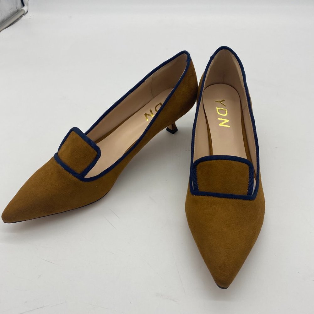YDN Brownw/blk trim Pointy Toe Low Heel Loafers Pumps Office Work Shoes